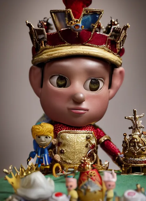 Image similar to closeup face profile portrait of tin toy prince charles as a fairytale prince wearing a crown eating cakes, depth of field, zeiss lens, detailed, symmetrical, centered, fashion photoshoot, by nicoletta ceccoli, mark ryden, lostfish, breathtaking, 8 k resolution, extremely detailed, beautiful, establishing shot, artistic, hyperrealistic, octane render