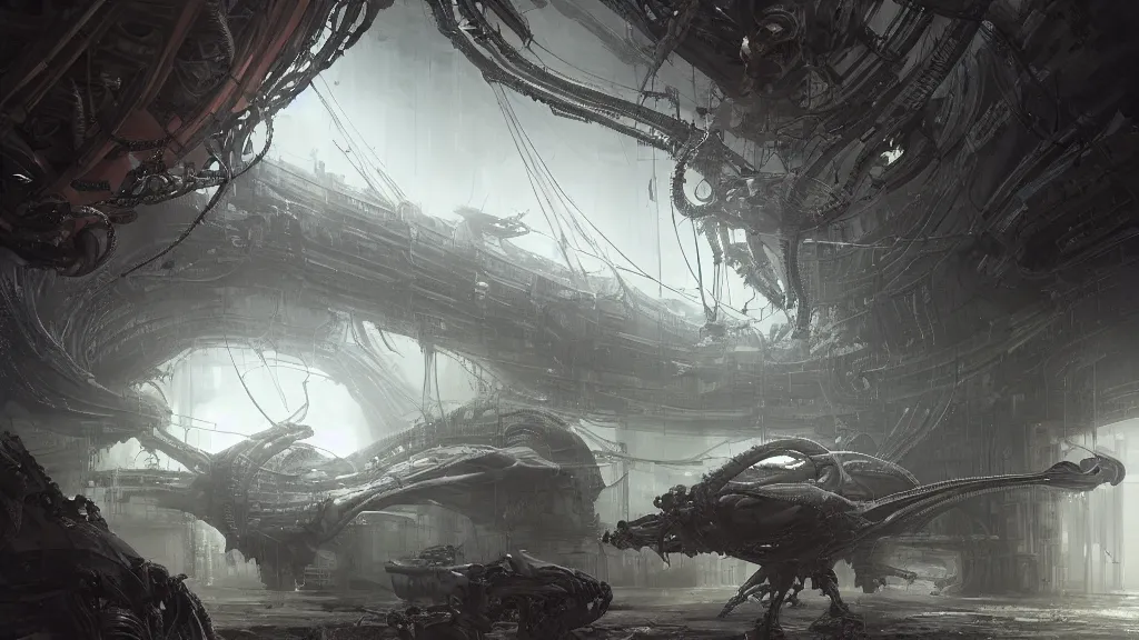 Image similar to a Photorealistic dramatic hyperrealistic,hyper detailed render by Greg Rutkowski,Craig Mullins,Nicolas Bouvier SPARTH, Juan Gimenez,Enki Bilal,ILM of an Epic Sci-Fi, Gigantic Alien xenomorph spaceship inside huge interior hangar,intricate bio mechanical surface details,many tubes and cables hanging from the ceiling,Beautiful dynamic dramatic dark moody lighting,contrast and shadows,Volumetric,Cinematic Atmosphere,Octane Render,Artstation,8k