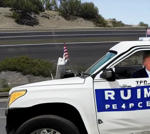 Image similar to close up photo donald trump driving white suv, freeway, police cars, ap news photo