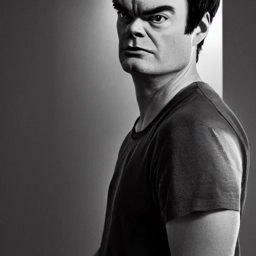 Image similar to Bill Hader as the Incredible Hulk, symmetrical, scowling, studio lighting, depth of field, photography, black and white, highly detailed