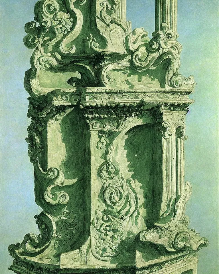 Image similar to achingly beautiful painting of intricate ancient roman corinthian capital on jade background by rene magritte, monet, and turner. giovanni battista piranesi.