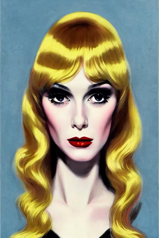 Image similar to portrait 1 9 6 0 s elegant blonde beautiful mod girl, long straight 6 0 s hair with bangs, wearing velvet, vampire, glam, groovy, by brom, tom bagshaw, sargent