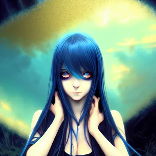 Image similar to attractive long blue - haired girl with bangs gothic anime character with amber eye color gold, fantasy, screenshot, anime, sharp focus, intricate, illustration, cell shaded, digital painting, highly detailed, concept art, matte, art by ilya kuvshinov and kyoto animation and wlop, and greg rutkowski, studio quality, james jean, artem demura