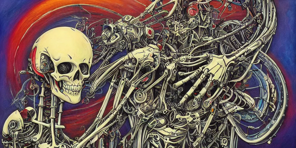 Prompt: a beautiful painting of robot by aaron horkey, trending on artstation, skeleton, colorful