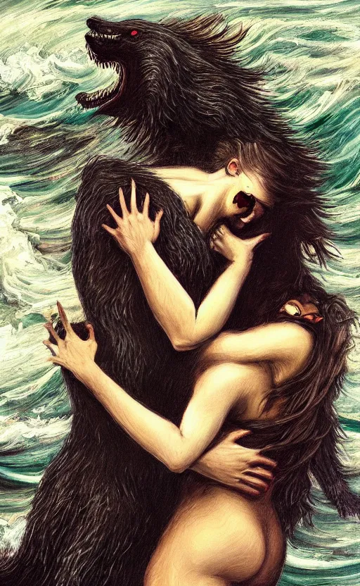 Prompt: amazing detailed intricate beautiful painting of a beautiful woman and a scary werewolf in a passionate embrace in a turbulent ocean, by francis bacon. hd. hq. trending on artstation