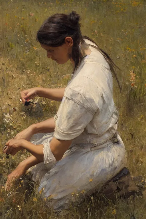 Image similar to Solomon Joseph Solomon and Richard Schmid and Jeremy Lipking painting full length portrait painting of a young woman working in the field