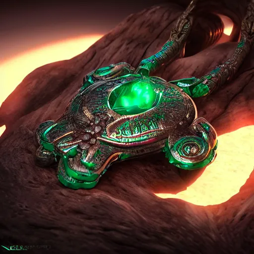 Image similar to epic metal amulet with a glowing emerald, highly detailed, concept art, beautiful, octane render, realistic, unreal engine, sharp focus