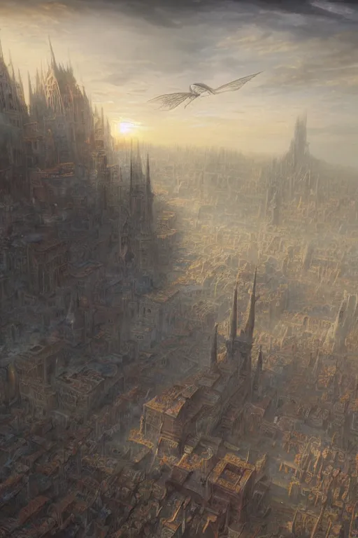 Prompt: a beautiful hyper realistic detailed matte painting of a city floating in the air, flying castle might, vivid color hues, looks like creativity by john howe, greg rutkowski, gustave dore, ferdinand knab, aerial view above a desolate apocalyptic plain, barometric projection, rectilinear, octane render, ellen jewett, beautiful surreal palatial pulsar at dawn