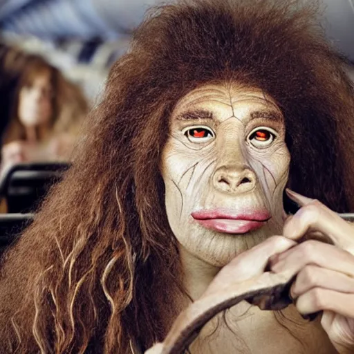 Image similar to photo of neanderthal cavewoman sitting in an airplane