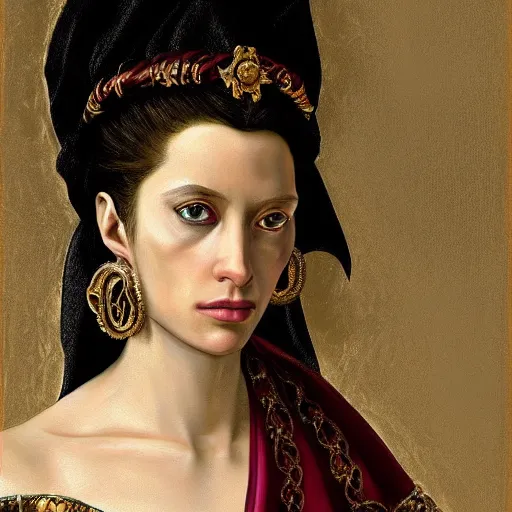 Image similar to portrait, headshot, digital painting, of Mother Ayahuascaa as a 17th century, beautiful female Royal, dark hair, amber jewels, baroque, ornate clothing, scifi, futuristic, realistic, hyperdetailed, chiaroscuro, concept art, art by caravaggio