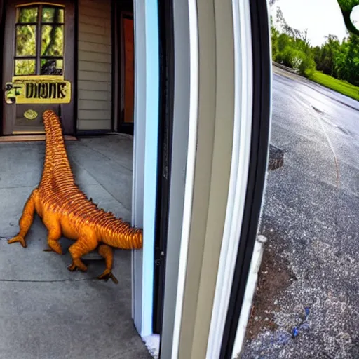 Image similar to fisheye view of dinosaur stealing packages from front porch, ring doorbell view