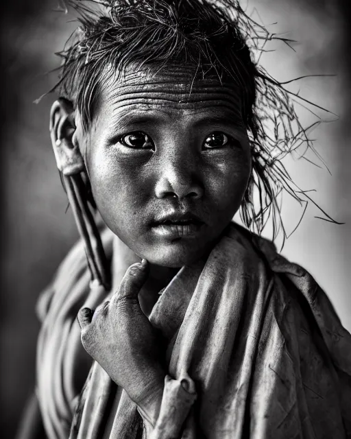 Image similar to Award winning Portrait photo of a Native Myanmarese with hyper-detailed hair and beautiful eyes wearing traditional garb by Lee Jeffries, 85mm ND 5, perfect lighting, gelatin silver process