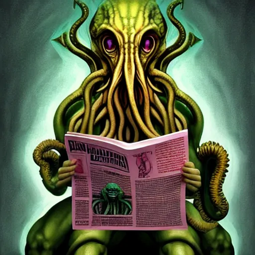 Image similar to humanoid cthulhu vis sitting on a toilet, he is reading a newspaper. the location is a pink and girlish bathroom. The mood is friendly and welcoming. highly detailed, digital painting, artstation, concept art, sharp focus, illustration, art by Sandro Botticelli and Michelangelo and leonardo da vinci