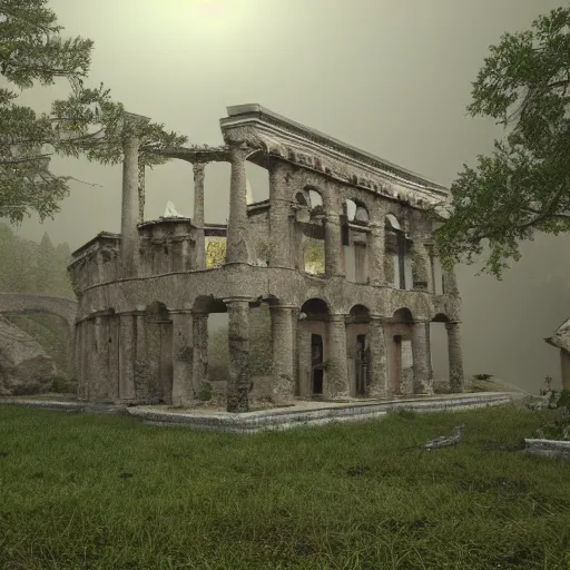 Prompt: A beautiful roman villa on a foggy forest mountain, 3d rendered, digital art, artstation, 4k