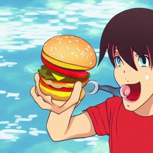 Prompt: A person made of water eating a hamburger, anime, cool style