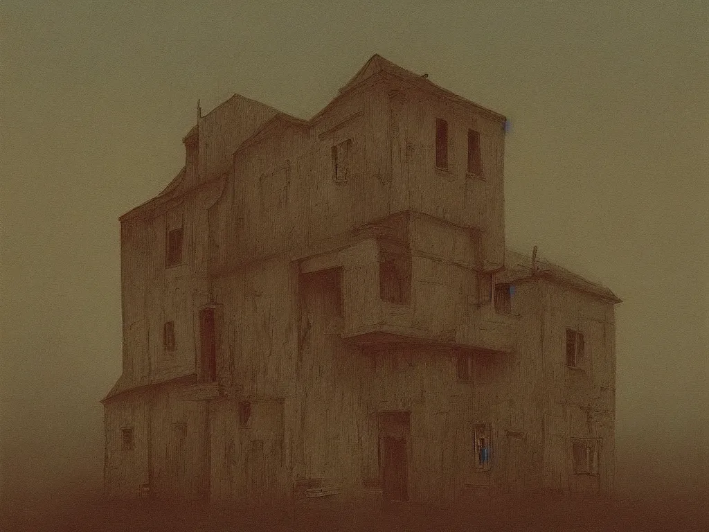 Prompt: a painting of a creepy house in the style of Zdzisław Beksiński