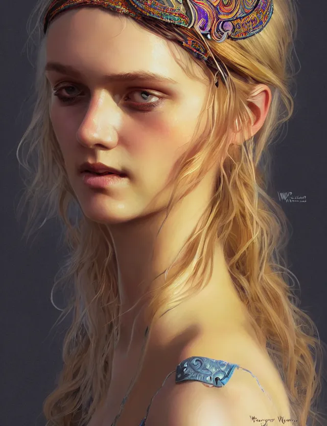 Image similar to portrait of a young woman wearing a boho dress, hippie girl, short blonde hair, groovy hairband, bangs, intricate, smooth, groovy lighting, highly detailed, digital painting, artstation, concept art, smooth, sharp focus, illustration, art by wlop, mars ravelo and greg rutkowski