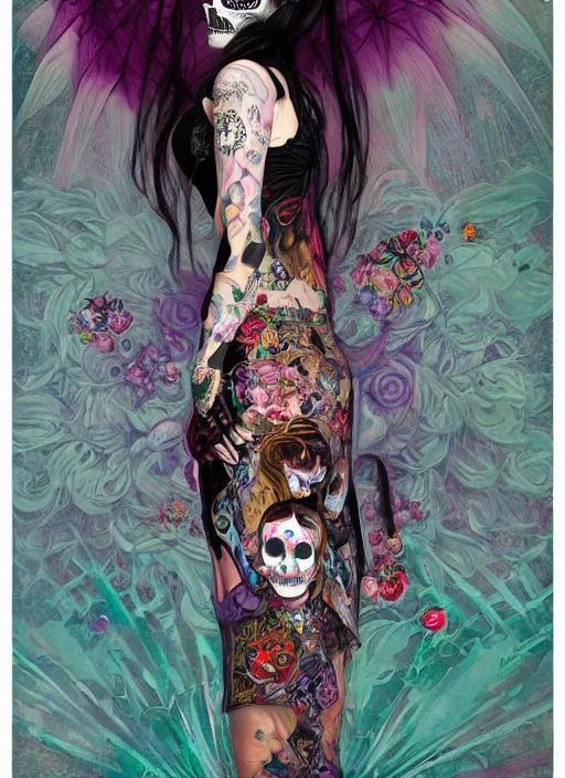 Image similar to cute punk goth fashion fractal Día de los Muertos tattoed girl posing by Zhang Jingna, poster art by Hannah Höch Victor Moscoso Dan Mumford Kilian Eng Hannah Jeffrey Smith Rick Griffin Alphonse Mucha Gustav Klimt Ayami Kojima Amano Charlie Bowater, violet and black