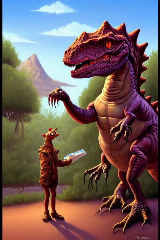 Prompt: classic oil painting, a cute dinosaur, as a dnd character, standing at a dirty bus - stop, cottagecore, highly detailed, digital illustration, concept art, smooth, sharp focus, art by tim hildebrandt, and greg hildebrandt