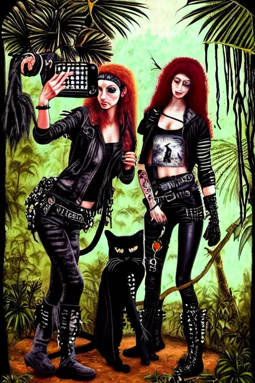 Prompt: punk rock girls making selfie with black cats in jungle , 1980 style, mad max jacket, post apocalyptic, Cyberpunk, renaissance, Gothic, mystic, highly detailed, digital painting, 4k, oil painting by Leonardo Da Vinci, hyper realistic style, fantasy by Olga Fedorova