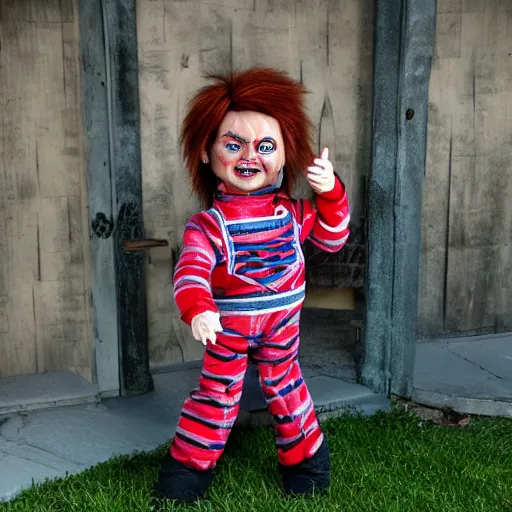 Image similar to Chucky the killer doll standing in the yard