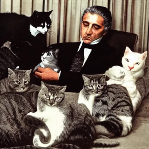 Image similar to the godfather surrounded by cats