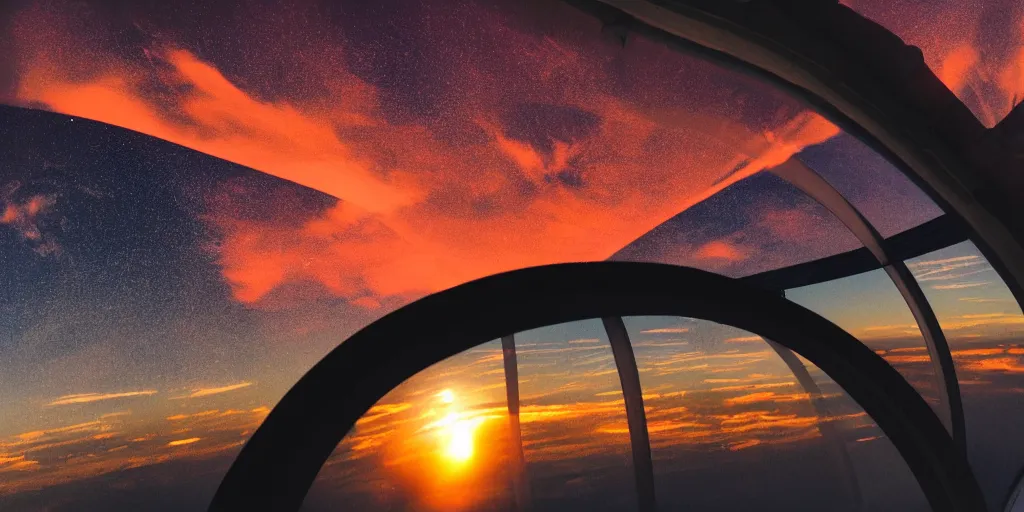 Image similar to wide angle photo looking out the window of a space capsule, liminal, cinematic, dreamscape, cinematics lighting, sunset colors, flying in the air, city in background