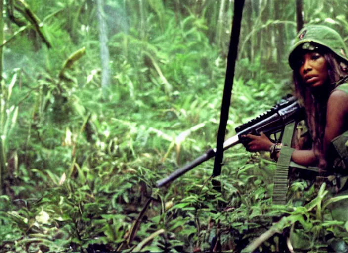 Prompt: film still of nicki minaj in the jungle as a vietnam door gunner, apocalypse now, associated press,, 2 6 mm, kodak ektachrome, blue tint expired film