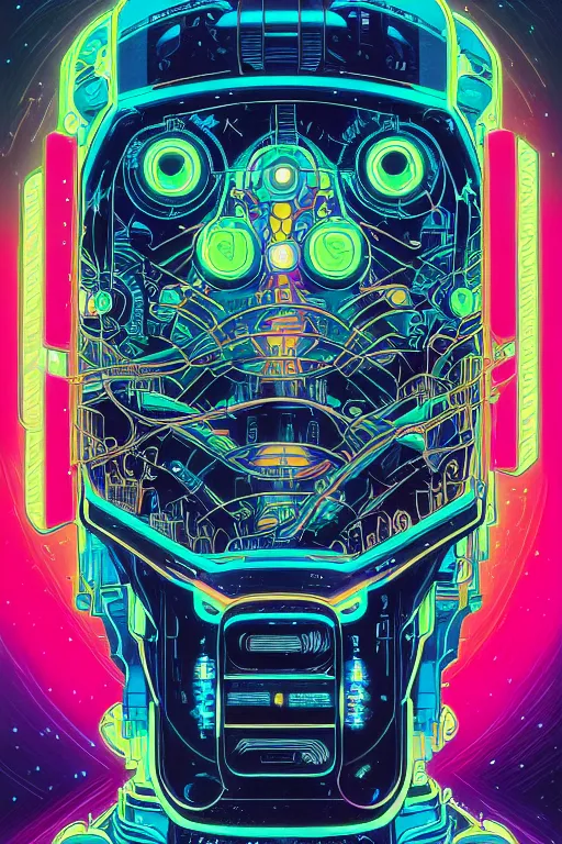 Image similar to ortographic view of Bioluminescent flourescent portrait of mecha, very intricate , by Jen Bartel and Moebius and Dan Mumford and Satoshi Kon, gouache illustration, vivid colors