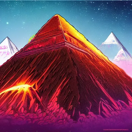 Image similar to a volcano in eruption and ancient pyramids, retrowave art, cyberpunk, trending on art station