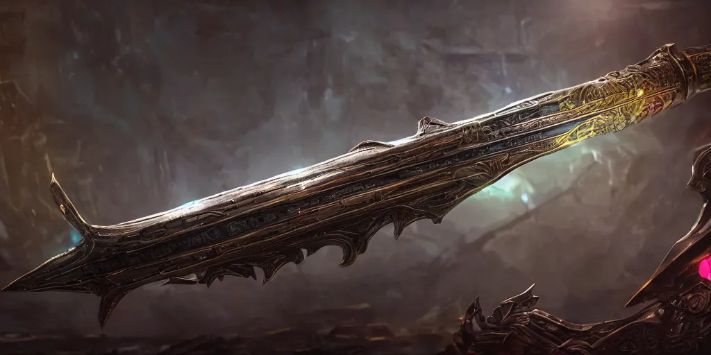 Image similar to legendary cybernetic full long sharp sword lying flat on a glowing table with a black and iridescent sword blade, digital award winning hd matte painting, intimate dark moody, intricate, ornate spikes, colorful gems on hilt, detailed realistic raytraced blade, future golden technological pommel, in the style of greg rutkowski and krenz cushart, deviantart