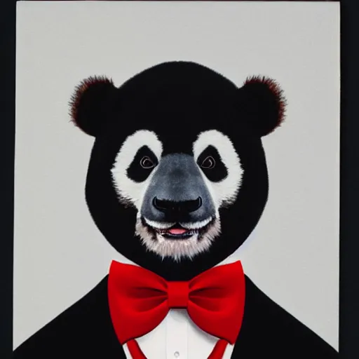 Prompt: a portrait of a panda wearing a black suit with a white shirt and red bow tie, black background