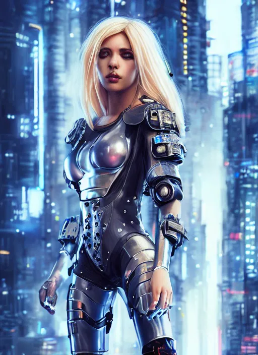 Prompt: photo of a gorgeous blonde female in cyberpunk city wearing plastic armor, realistic, sharp focus, 8 k high definition, insanely detailed, intricate, elegant, artgerm, greg kutkowski, high contrast dramatic lighting