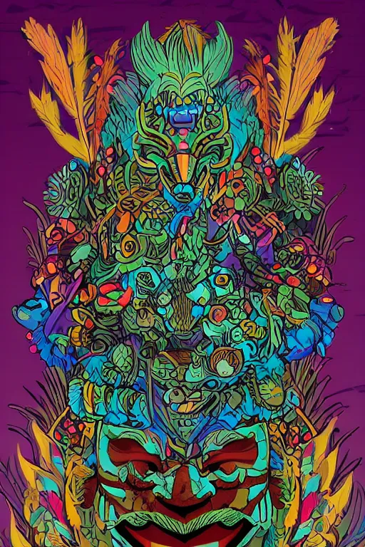 Image similar to animal mask totem roots flower tribal feather gemstone plant wood rock shaman vodoo video game vector cutout illustration vivid multicolor borderlands comics by josan gonzales and dan mumford radiating a glowing aura