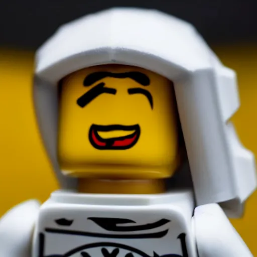 Image similar to closeup shot of lego astronaut that looks kind of like christopher walken ( eos 5 ds r, iso 1 0 0, f / 8, 1 / 1 2 5, 8 4 mm, postprocessed, bokeh )