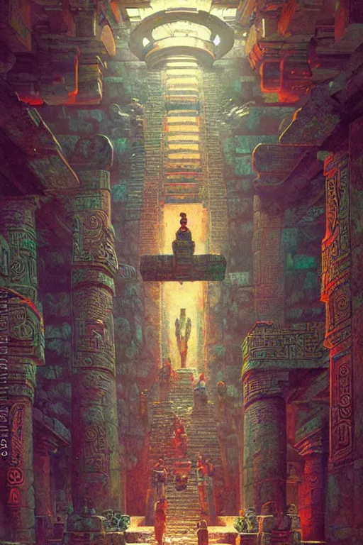 Image similar to cyberpunk mayan ancient chicheni tza , fantasy, painting by greg rutkowski and alphonse mucha