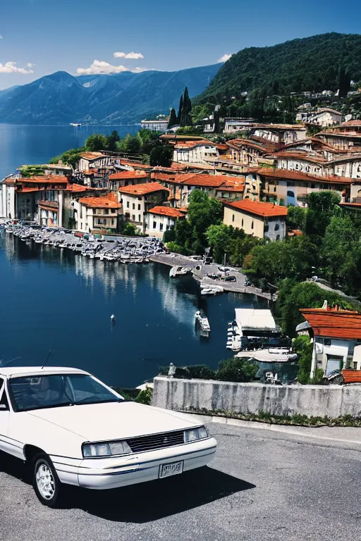 Image similar to Photo of a white 1997 Ford AU Falcon parked on a dock with Lake Como in the background, wide shot, daylight, blue sky, summer, dramatic lighting, award winning, highly detailed, 1980s, luxury lifestyle, fine art print, best selling.