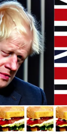 Image similar to melting wax boris johnson crying while eating sandwich