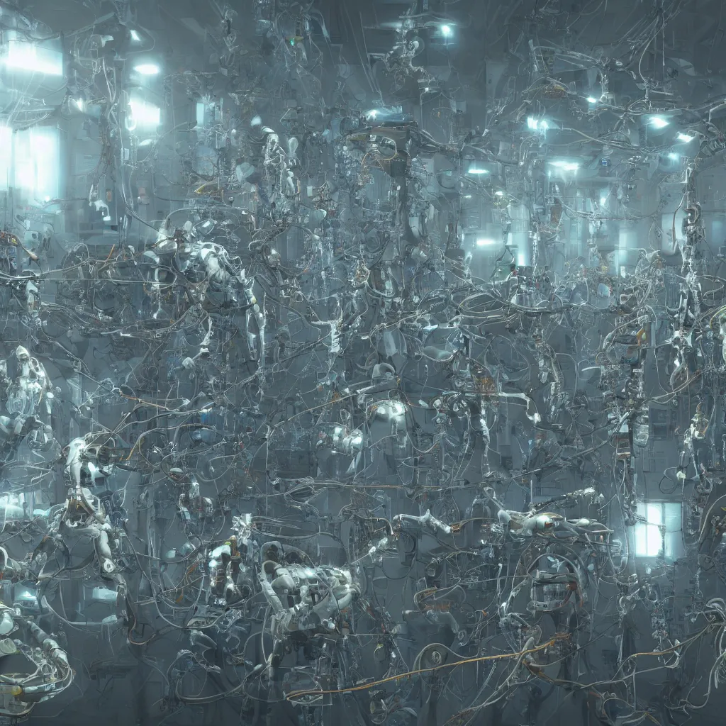 Prompt: a solar punk painting of rows of futuristic cryonic see through tanks with brains in them attached to wires, which are attached to trans cyborg humans. a robotic surgeon is sprinkling something sparkly in one of them. hyper realistic. octane render, art station detailed hard surface modelling. cyborg. human bio body parts. painting by james gurney. mast.