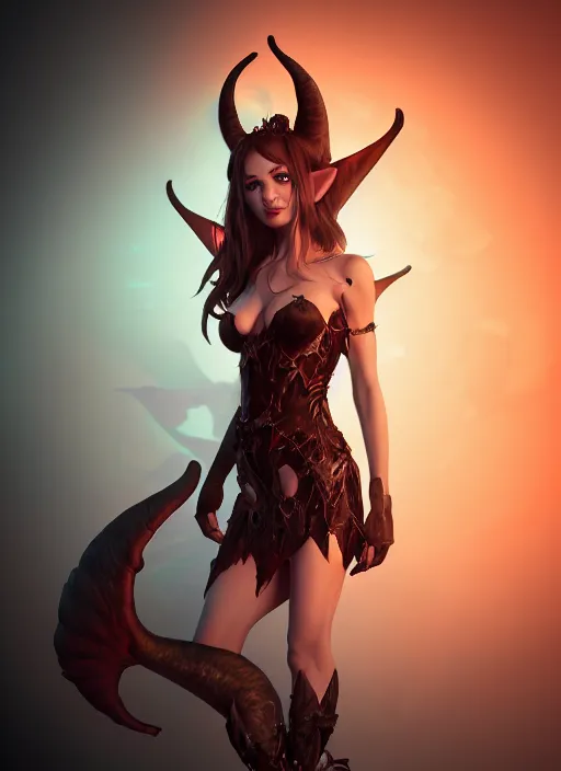 Image similar to imp demon goddess, cute elf ears, strapless dress, character portrait in the style of thomas river and artgerm, cinematic lighting, hyperdetailed, 8 k realistic, symmetrical, global illumination, radiant light,, frostbite 3 engine, cryengine, dof, trending on artstation, digital art, chanel