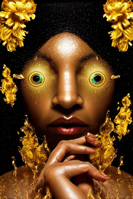 Image similar to hyperrealistic neo rococo cinematic very expressive! black oshun goddess, open eyes, body in water, mirror dripping droplet!, gold flowers, highly detailed face, digital art masterpiece, smooth eric zener cam de leon dramatic pearlescent teal light, ground angle uhd 8 k, sharp focus