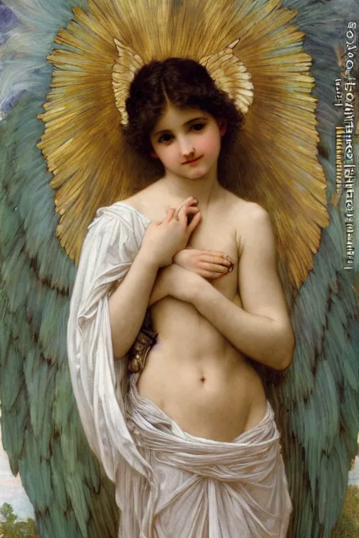 Prompt: painting of a beautiful clothed angel with huge feather wings, intricate, elegant, hyperdetailed by william - adolphe bouguereau and alphonse mucha and john william waterhouse