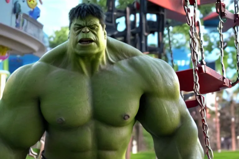 Image similar to hulk in a kid's swing at the children park, clear face, very angry, still shot from the new hulk and avengers movie, 4 k