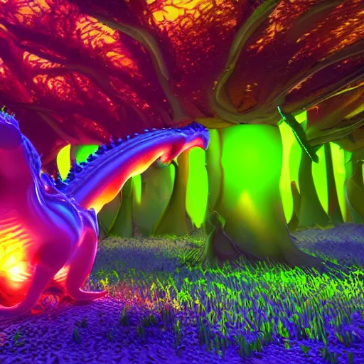 Image similar to liquid dragon in a bright glowing mushroom forest uhd ultra realistic ray traced 4 k highly detailed sharp lines