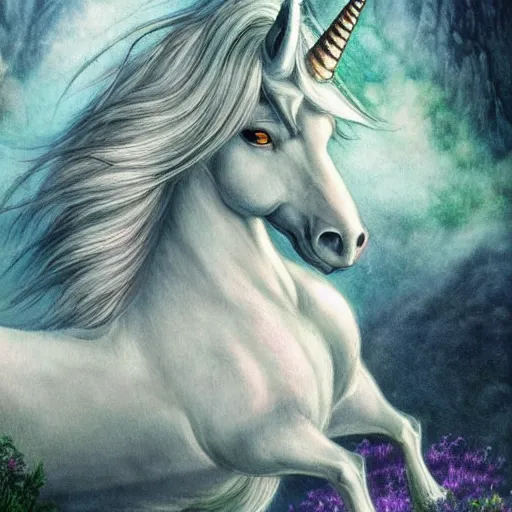 Image similar to A stunningly beautiful mystical unicorn :: hyperdetailed :: hyper realistic :: by Ghibli Studio :: in the style of Fantasy Art