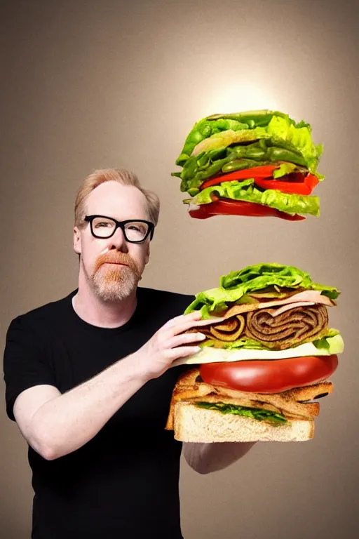 Image similar to 📷 portrait of adam savage as a sandwich, food head, still image, dynamic lighting, 4 k