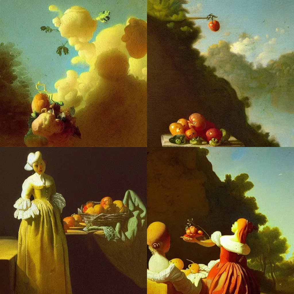 Prompt: “🐸🌅🍅🌱concept art by Jean-Honoré Fragonard and Johannes Vermeer”