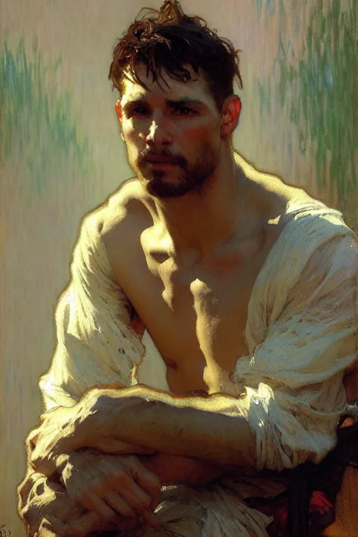 Prompt: attractive man, painting by gaston bussiere, craig mullins, greg rutkowski, alphonse mucha