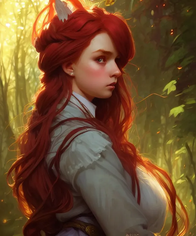 Prompt: side portrait cute female, magic school uniform, fantasy forest landscape, dnd fantasy magic, long red hair, cinematic rim light, intricate, elegant, highly detailed, digital painting, artstation, concept art, smooth, sharp focus, illustration, art by artgerm and greg rutkowski and alphonse mucha