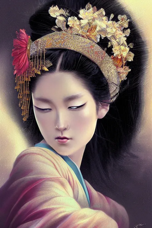 Prompt: geisha dancing in the wind, beautiful face, ethereal, gorgeous, volumetric lighting, elegant, fluid, highly detailed, digital painting, concept art, highly detailed, smooth, illustration, limited color palette, atmosphere and tension, art by greg olsen and liz lemon swindle